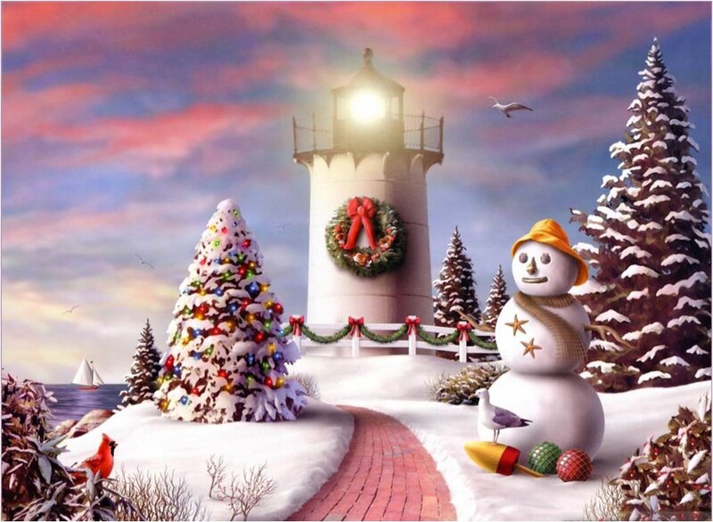 Snowman Near Lighthouse — White, Festive
