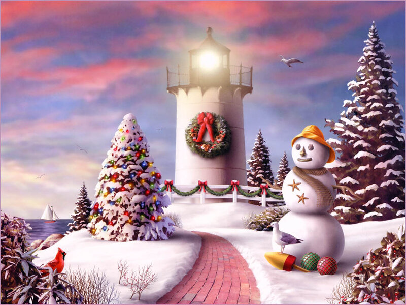 Snowman Near Lighthouse — White
