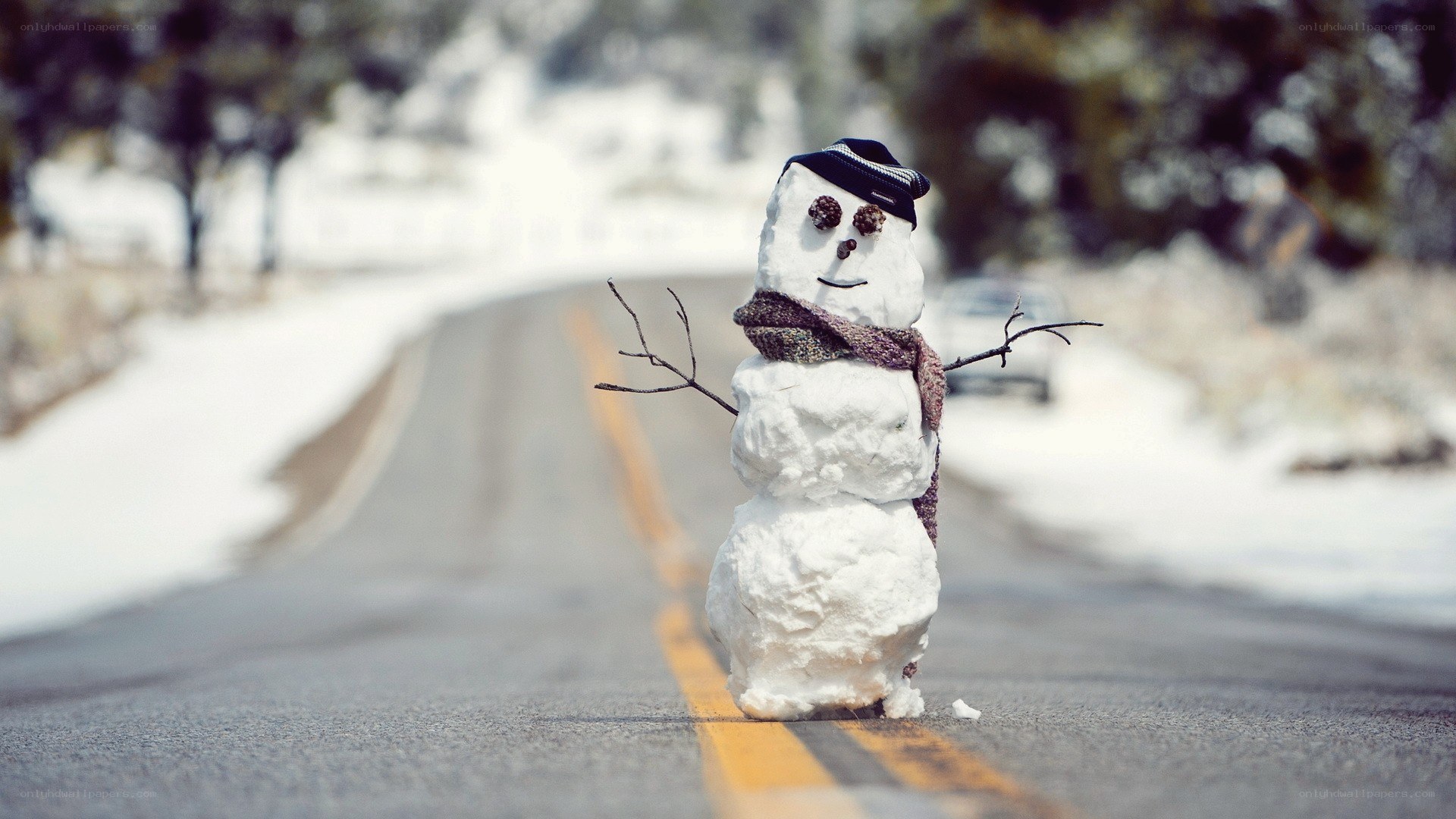 Snowman on a snowy road