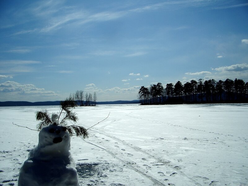 Snowman on Frozen Lake — White