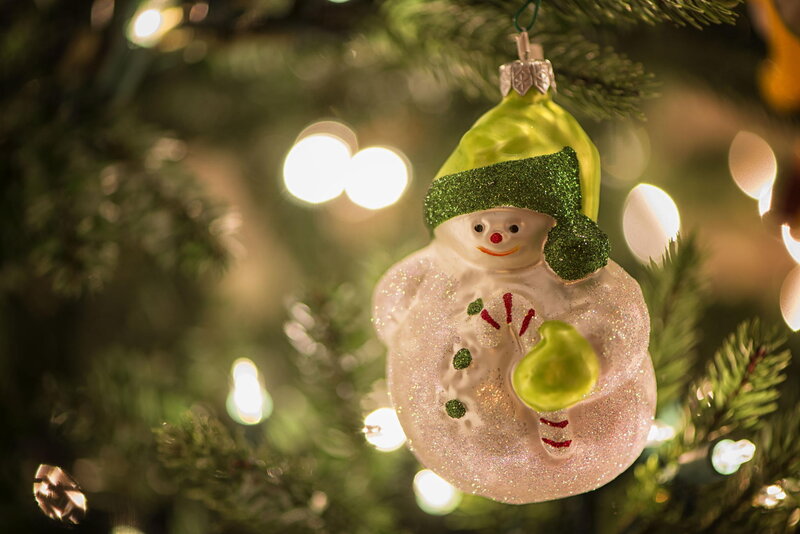 Snowman Ornament — Green, Festive, Winter, Photograph, Christmas Tree, Lights