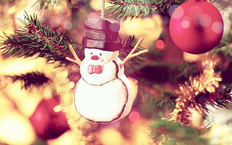 Snowman Ornament — Green, Festive, Winter, Photograph, Christmas Tree, Pine Branches