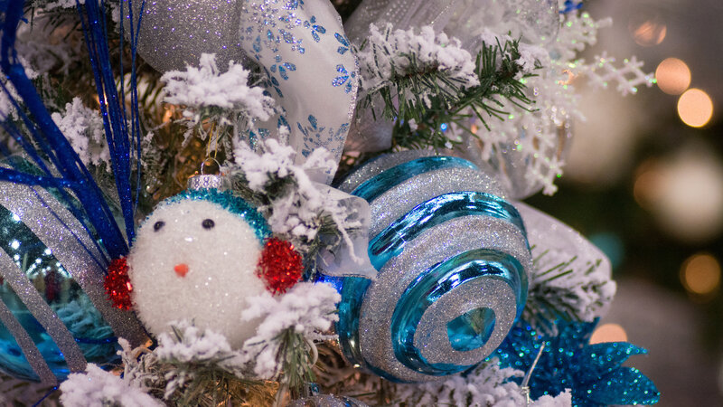 Snowman Ornament on Tree — Blue, Festive