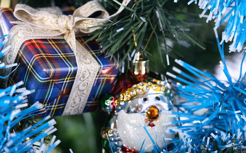 Snowman Ornament on Tree — Blue