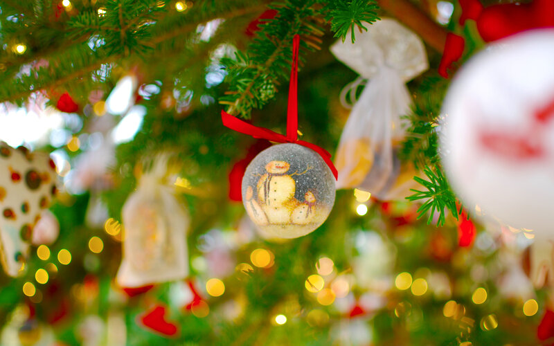 Snowman Ornament on Tree — Green