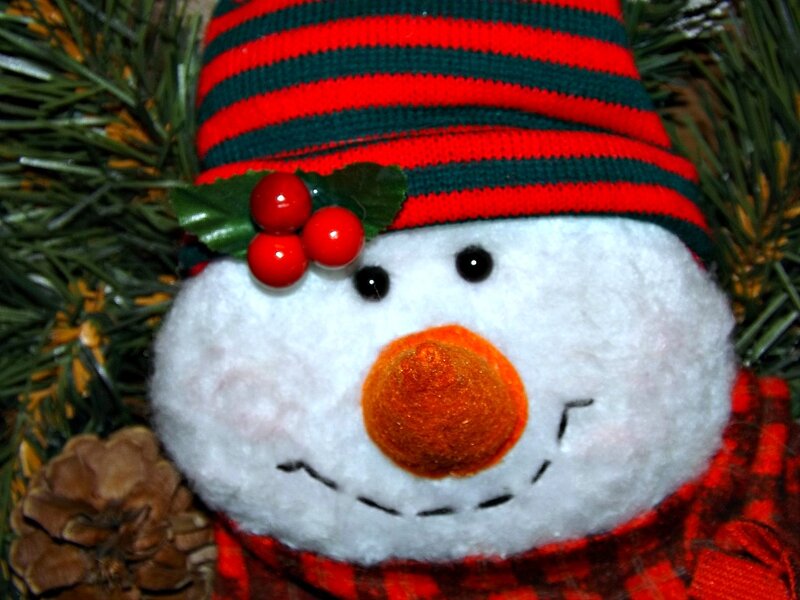Snowman Ornament — Red, Festive, Winter, Photograph, Pine Needles