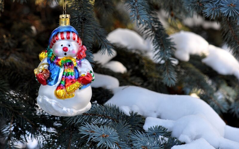 Snowman Ornament — White, Festive, Winter, Photograph, Pine Tree