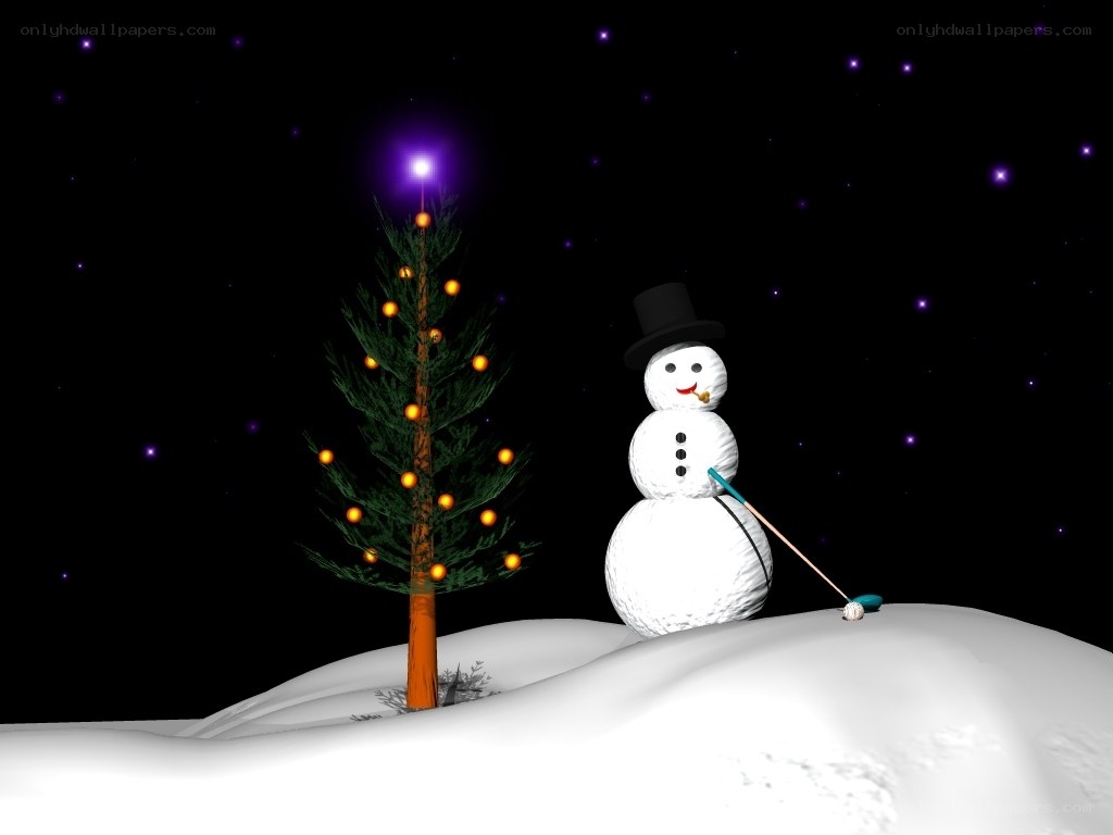 Snowman playing golf near Christmas tree