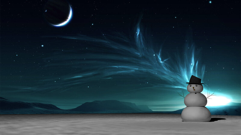 Snowman under alien sky