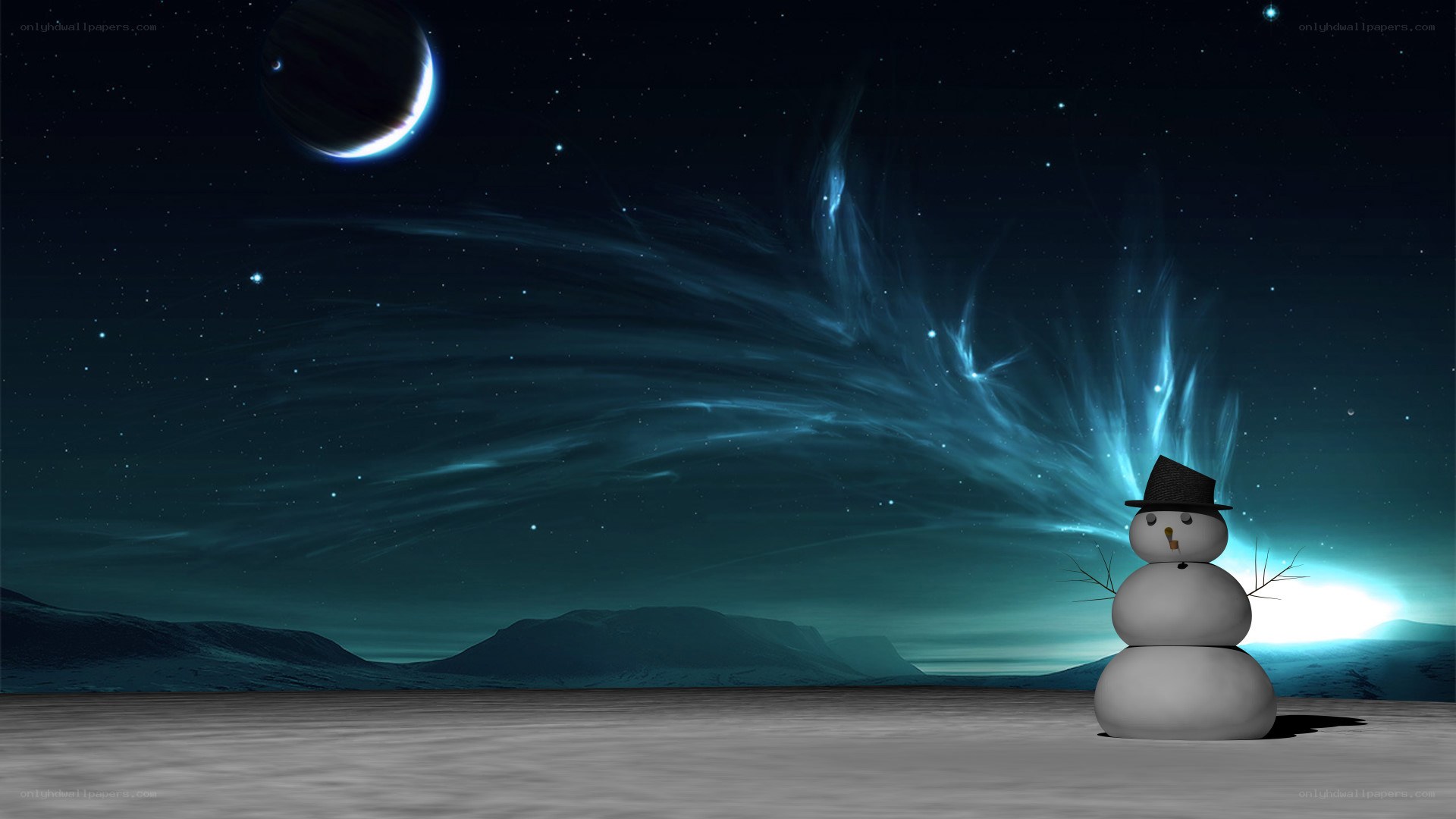 Snowman under alien sky