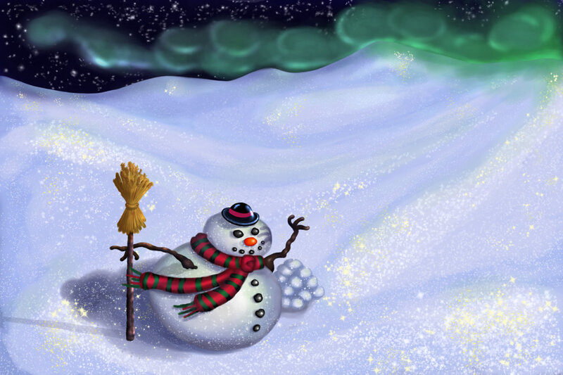 Snowman under aurora borealis