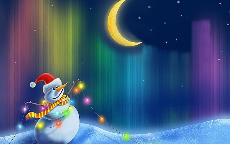 Snowman under aurora lights