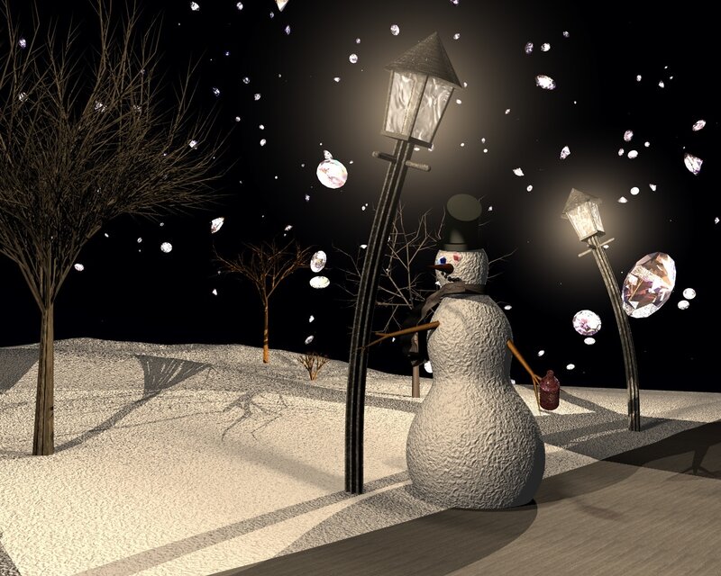 Snowman under falling gems