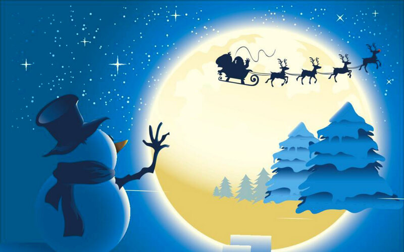Snowman Watching Sleigh — Blue, Festive