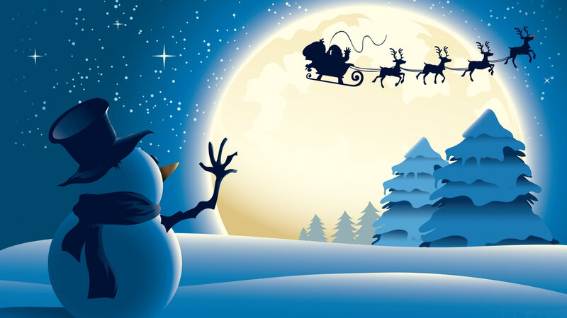 Snowman Watching Sleigh — Blue, Peaceful