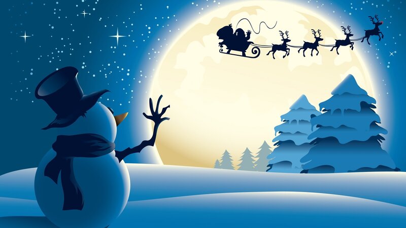Snowman Watching Sleigh — Blue, Serene, Night, Illustration