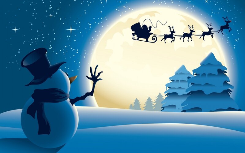 Snowman Watching Sleigh — Blue, Serene