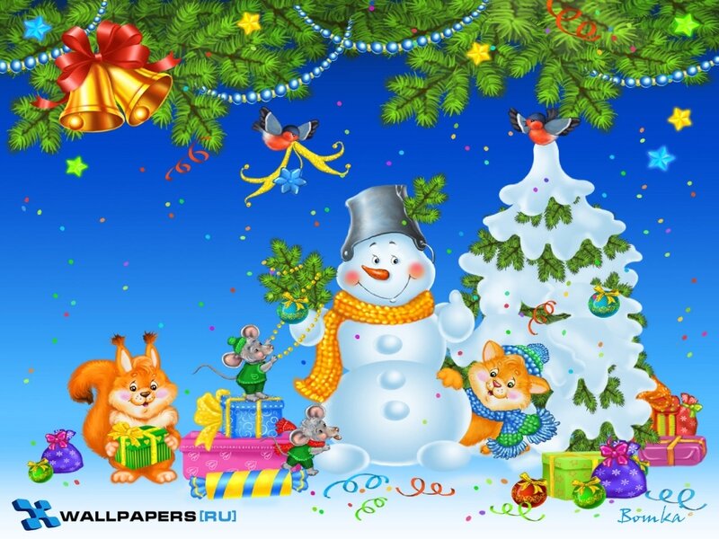 Snowman with Animals — Blue, Festive, Winter, Illustration, Squirrel