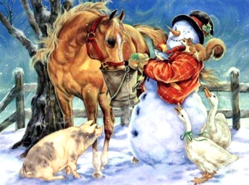 Snowman with Animals — Blue, Festive, Winter