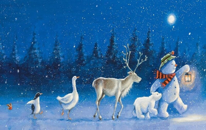 Snowman with Animals — Blue, Peaceful