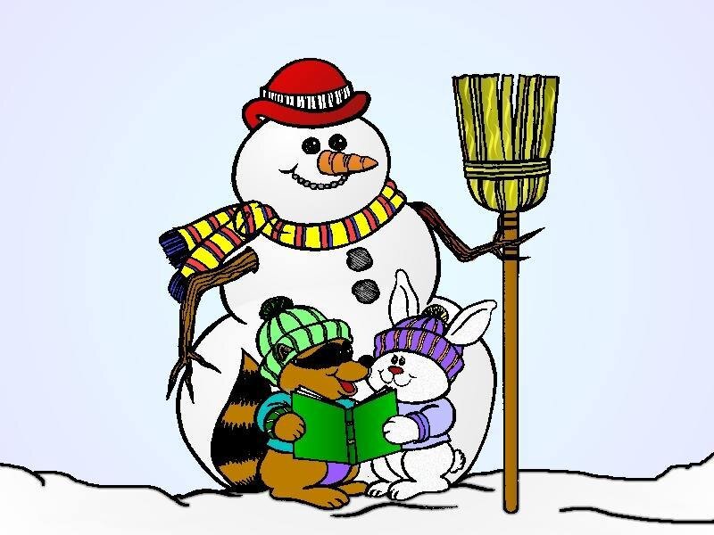 snowman with animals reading