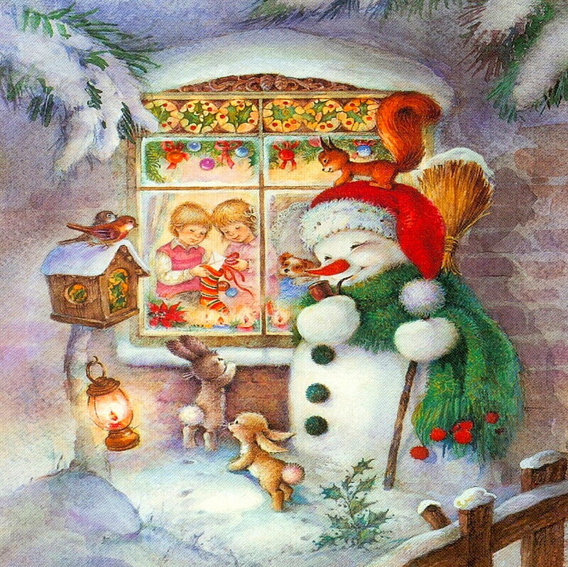 Snowman with Animals — White, Festive