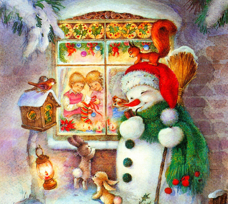 Snowman with Animals — White, Festive, Winter, Illustration