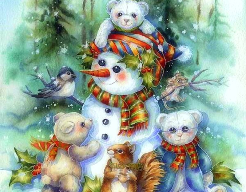 Snowman with Animals — White, Festive, Winter