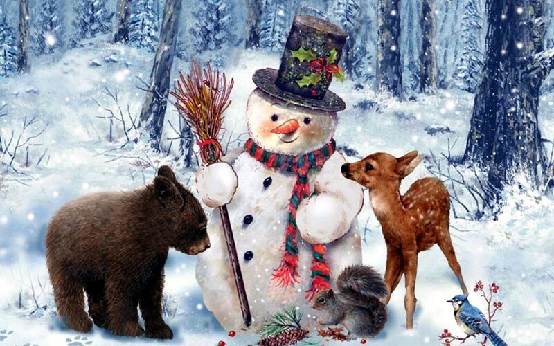Snowman with Animals — White, Peaceful