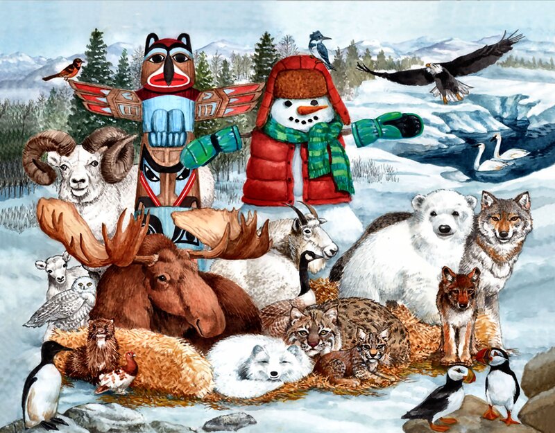 Snowman with Animals — White, Peaceful, Winter