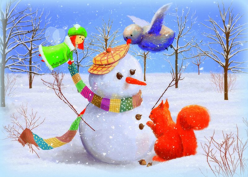 Snowman with Animals — White