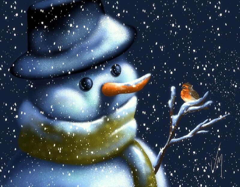 Snowman with Bird — Blue, Calm
