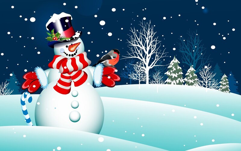 Snowman with Bird — Blue, Festive, Night, Digital Art