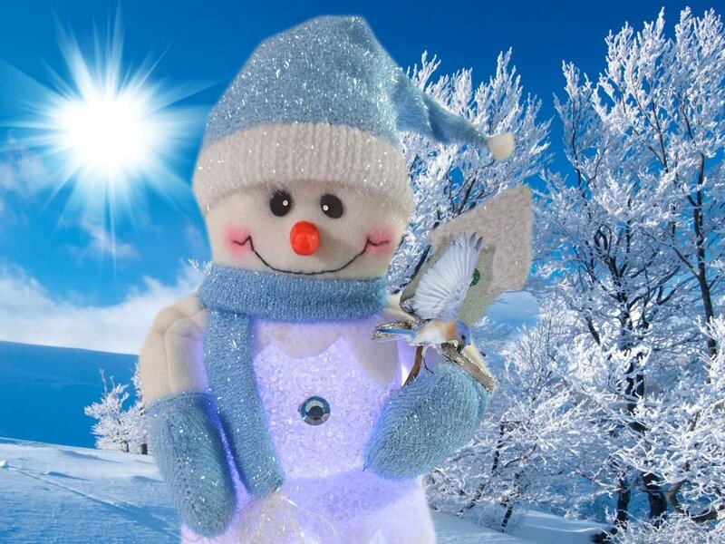 Snowman with Bird — Blue, Festive, Winter, Digital Art