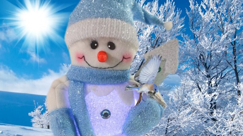 Snowman with Bird — Blue, Festive, Winter, Digital Art, Trees