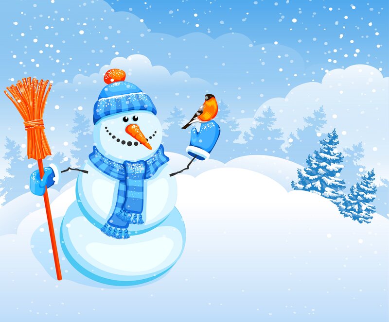 Snowman with Bird — Blue, Festive, Winter, Illustration, Broom