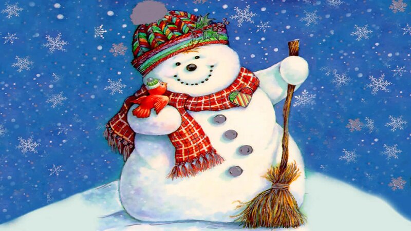 Snowman with Bird — Blue, Festive, Winter, Illustration