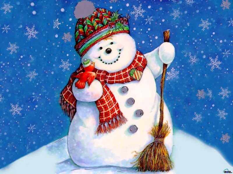Snowman with Bird — Blue, Festive, Winter
