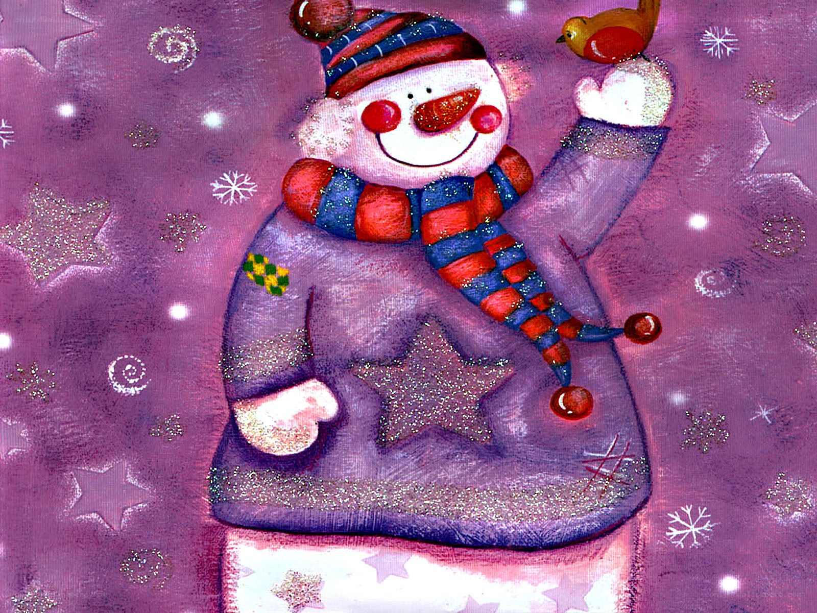 Snowman with bird on purple background