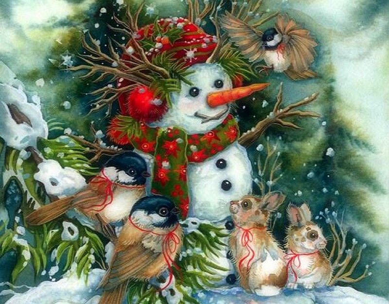Snowman with Birds and Bunnies — Green