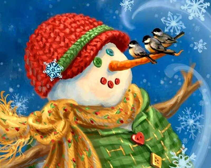 Snowman with Birds — Blue, Festive, Winter