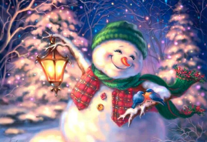 Snowman with Birds — White, Festive, Night