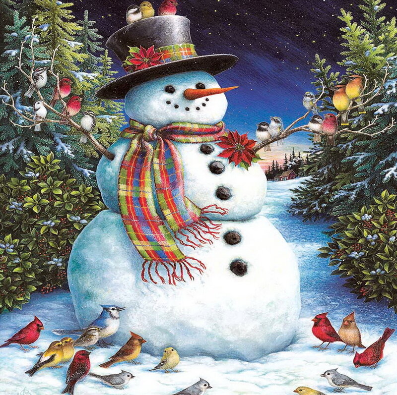 Snowman with Birds — White, Festive