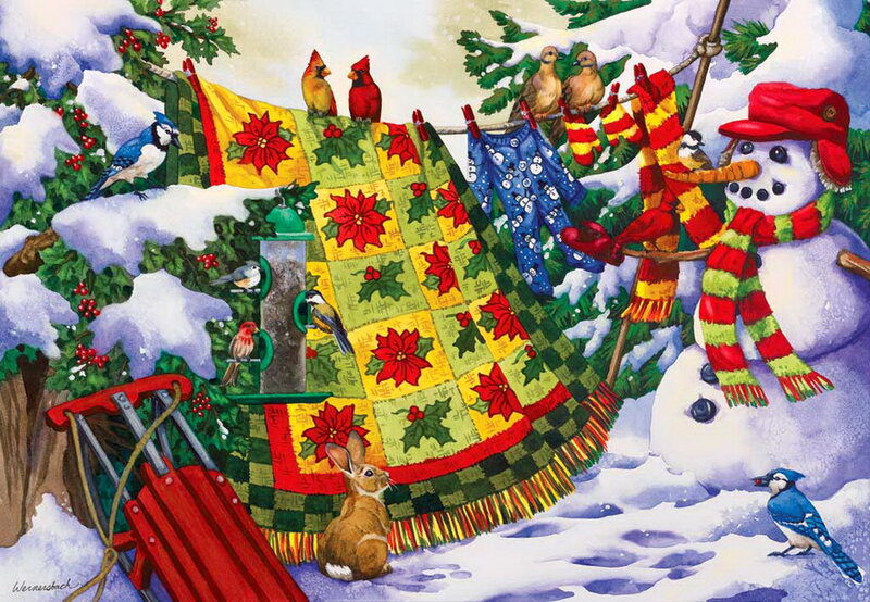Snowman with Birds — White, Festive, Winter, Illustration