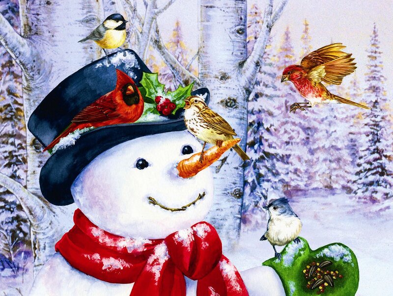 Snowman with Birds — White, Festive, Winter, Illustration, Top Hat