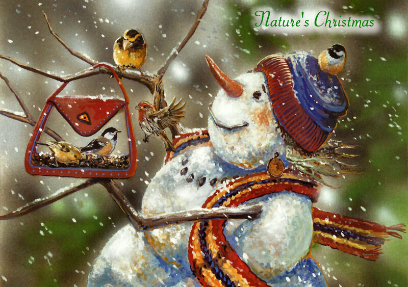 Snowman with Birds — White, Festive, Winter