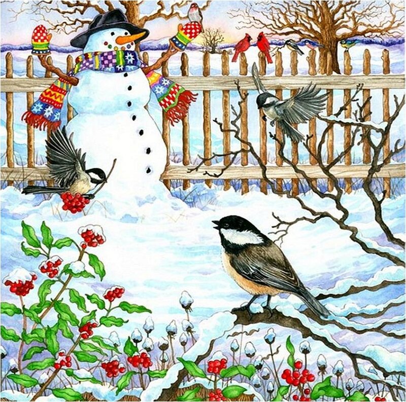 Snowman with Birds — White, Peaceful