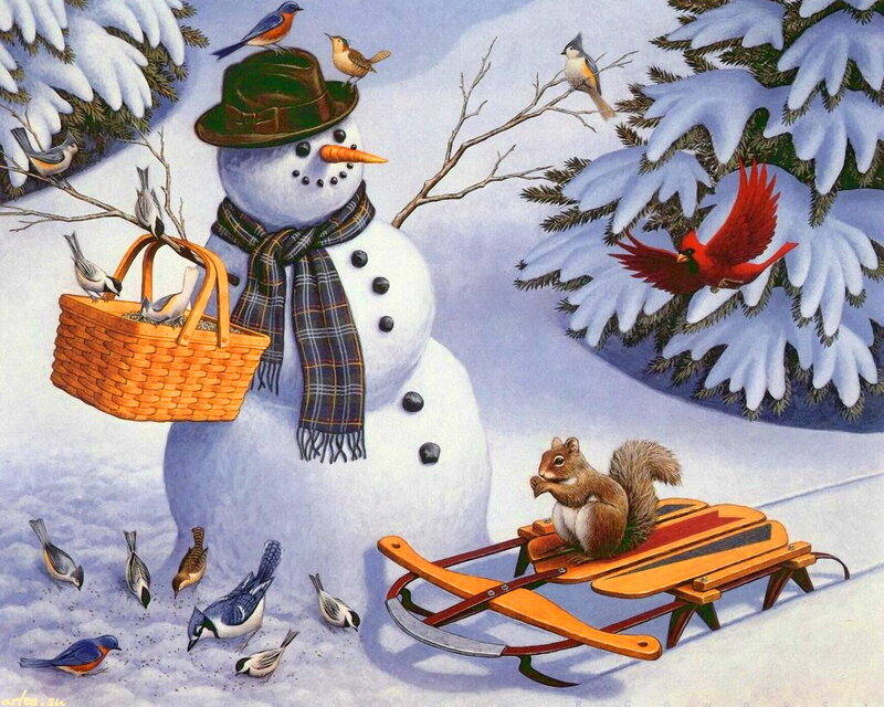 Snowman with Birds — White, Peaceful, Winter, Illustration