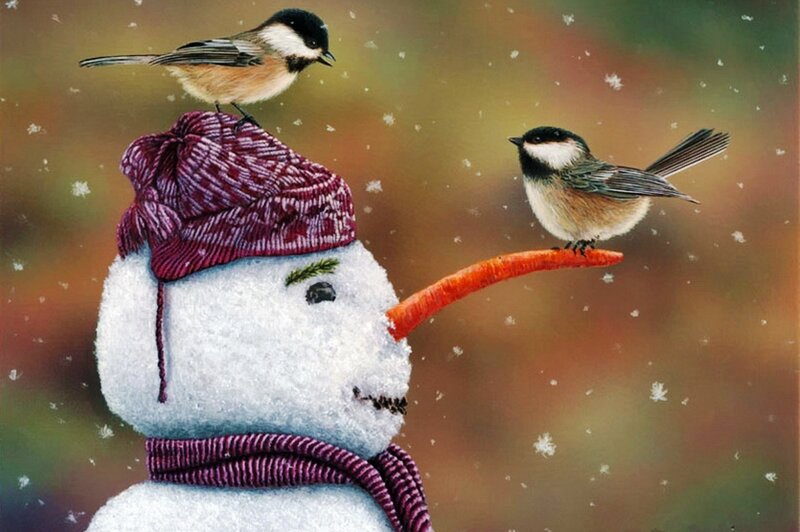 Snowman with Birds — White, Peaceful, Winter