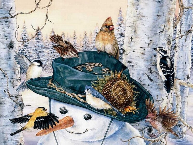 Snowman with Birds — White